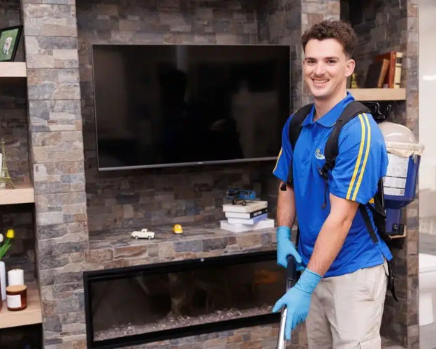 Smiling cleaner in a blue uniform with gloves and a backpack vacuum standing in a living room.