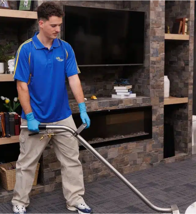 A professional male worker cleaning the carpet
